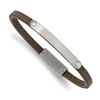 Chisel Stainless Steel Brushed Brown Leather 8.25 inch ID Bracelet