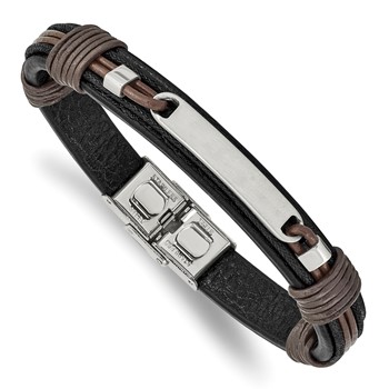 Chisel Stainless Steel Polished Black and Brown Leather 8.25 inch ID Bracelet