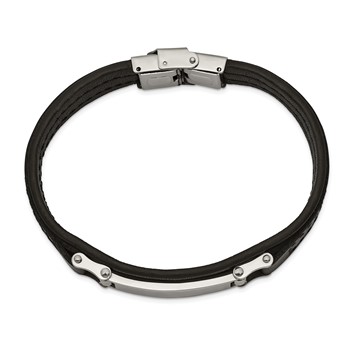 Chisel Stainless Steel Polished Black Leather 8.25 inch ID Bracelet — alternate view