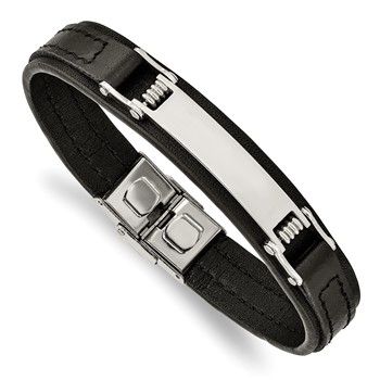 Chisel Stainless Steel Polished Black Leather 8.25 inch ID Bracelet