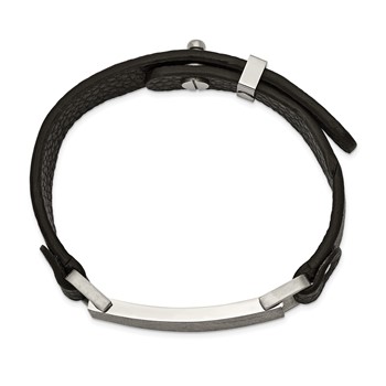 Chisel Stainless Steel Polished Scratch Finished Black Leather Adjustable ID Bracelet — alternate view