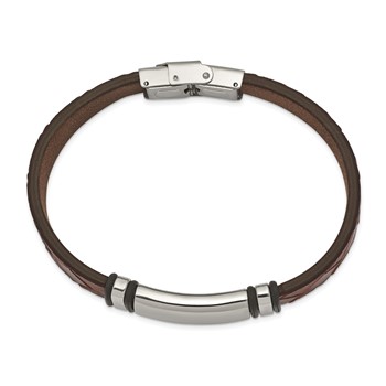 Chisel Stainless Steel Polished Brown Faux Leather with Black Rubber 8.25 inch ID Bracelet — alternate view