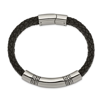 Chisel Stainless Steel Antiqued and Polished Braided Black Leather 8.25 inch ID Bracelet — alternate view