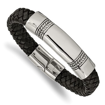 Chisel Stainless Steel Antiqued and Polished Braided Black Leather 8.25 inch ID Bracelet