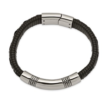 Chisel Stainless Steel Antiqued and Polished Black Woven Leather 8.25 inch ID Bracelet — alternate view