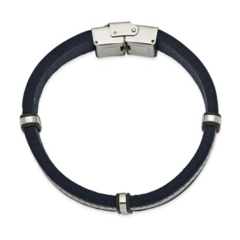 Stainless Steel Polished Blue Leather and Wire 8.5in Bracelet — alternate view