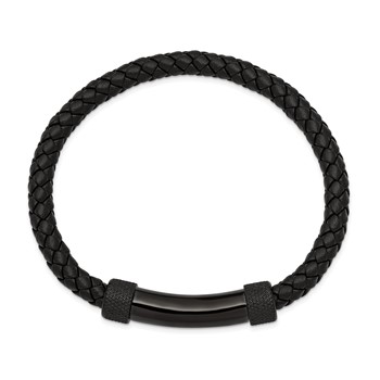 Chisel Stainless Steel Polished Black IP-plated Black Braided Leather 8.25 inch Bracelet — alternate view