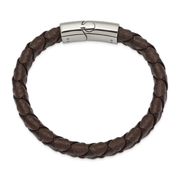 Chisel Stainless Steel Polished Black and Brown Textured Leather 8 inch Bracelet — alternate view