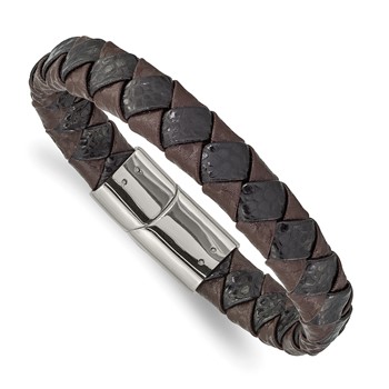 Chisel Stainless Steel Polished Black and Brown Textured Leather 8 inch Bracelet