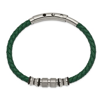 Chisel Stainless Steel Brushed and Polished Black IP-plated with Rubber Green Braided Leather Adjustable 7.75 to 8.25 inch Bracelet — alternate view