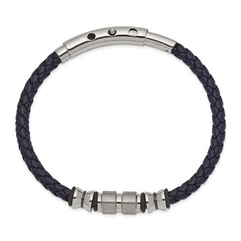 Chisel Stainless Steel Brushed and Polished Black IP-plated with Rubber Blue Braided Leather Adjustable 7.75 to 8.25 inch Bracelet — alternate view