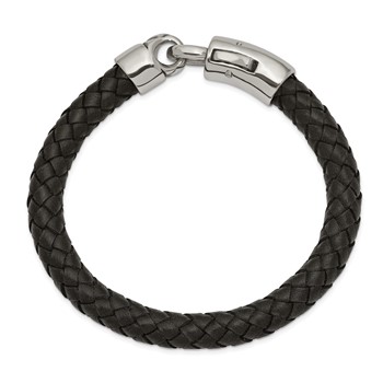 Chisel Stainless Steel Antiqued and Polished Black Braided Leather 8.25 inch Bracelet — alternate view