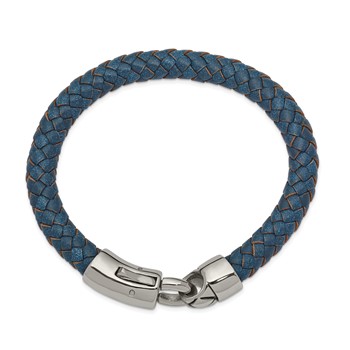 Chisel Stainless Steel Antiqued and Polished Blue Braided Leather 8.25 inch Bracelet — alternate view
