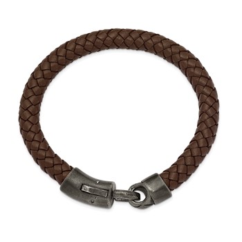 Chisel Stainless Steel Antiqued White Bronze-plated Brown Braided Leather 8.25 inch Bracelet — alternate view