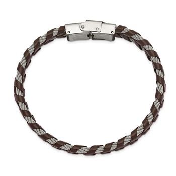 Chisel Stainless Steel Polished Cable and Brown Leather 8.25 inch Bracelet — alternate view