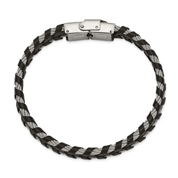 Chisel Stainless Steel Polished Cable and Black Leather 8.25 inch Bracelet — alternate view