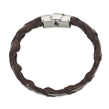 Chisel Stainless Steel Polished Cable and Brown Leather 8.5 inch Bracelet — alternate view