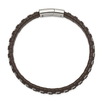 Chisel Stainless Steel Polished Cable and Brown Leather 8.75 inch Bracelet — alternate view