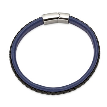 Chisel Stainless Steel Polished Blue and Black Faux Leather 8.25 inch Bracelet — alternate view