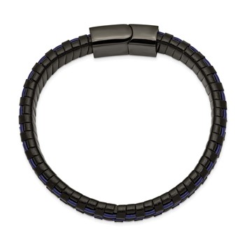 Chisel Stainless Steel Polished Black IP-plated and  Black and Blue Leather 8.25 inch Bracelet — alternate view