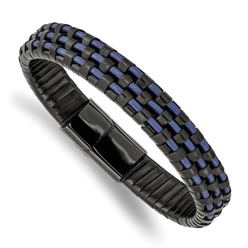Chisel Stainless Steel Polished Black IP-plated and  Black and Blue Leather 8.25 inch Bracelet