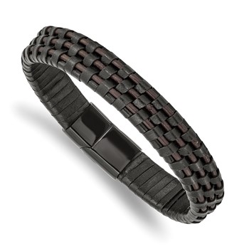 Chisel Stainless Steel Polished Black IP-plated Black and Brown Leather 8.25 inch Bracelet