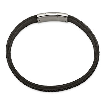 Chisel Stainless Steel Polished Textured Black Italian Leather 8.75 inch Bracelet — alternate view