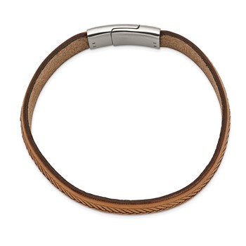 Chisel Stainless Steel Polished Textured Tan Italian Leather 8.75 inch Bracelet — alternate view