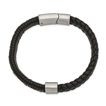Stainless Steel Brushed Black Leather 8.25in Bracelet — alternate view