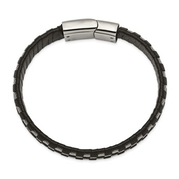 Chisel Stainless Steel Polished Wire Cable and Black Leather 8.5 inch Bracelet — alternate view