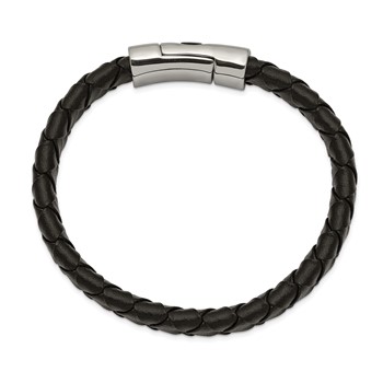 Chisel Stainless Steel Antiqued and Polished Cross Black Leather 8.5 inch Bracelet — alternate view