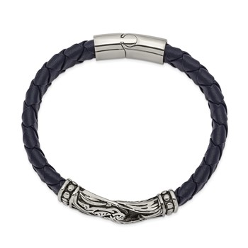 Chisel Stainless Steel Antiqued and Polished Blue Woven Leather 8.75 inch Bracelet — alternate view