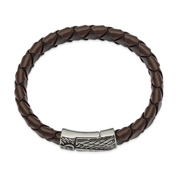 Chisel Stainless Steel Antiqued and Polished Sword Black and Brown Braided Leather 8.5 inch Bracelet — alternate view