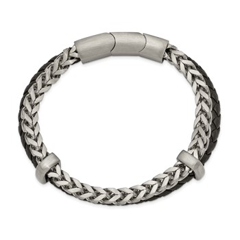 Chisel Stainless Steel Brushed Chian and Black Braided Leather 8 inch Bracelet with .5 inch Extension — alternate view