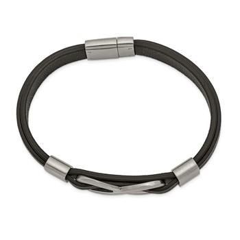 Chisel Stainless Steel Brushed and Polished Infinity Symbol Black Leather 8 inch Bracelet — alternate view