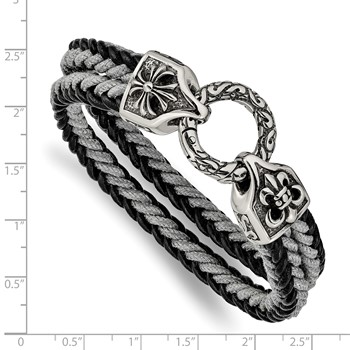 Stainless Steel Antiqued & Polished Leather/Cotton Braided 8in Bracelet — alternate view