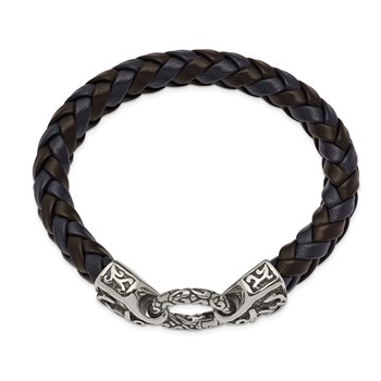Chisel Stainless Steel Antiqued and Polished Black and Blue Braided Leather 8.25 inch Bracelet — alternate view