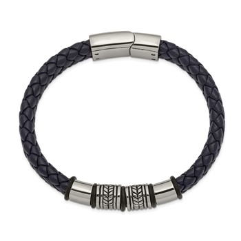 Chisel Stainless Steel Antiqued and Polished Braided Blue Leather with Black Silicone 8.25 inch Bracelet — alternate view