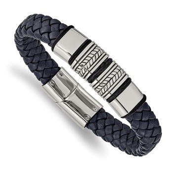 Chisel Stainless Steel Antiqued and Polished Braided Blue Leather with Black Silicone 8.25 inch Bracelet