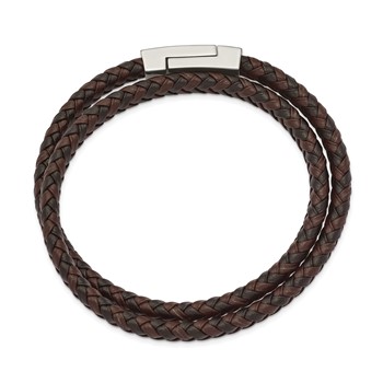 Chisel Stainless Steel Polished Black and Brown Braided Leather 15.75 inch Wrap Bracelet — alternate view