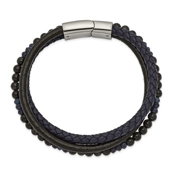 Chisel Stainless Steel Polished Multi Strand Blue Chalcedony and Tiger's Eye Beaded Black and Blue Leather 8.25 inch Bracelet — alternate view