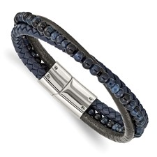 Image of Chisel Stainless Steel Polished Multi Strand Blue Chalcedony and Tiger's Eye Beaded Black and Blue Leather 8.25 inch Bracelet