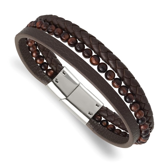 Stainless Steel Polished Brown IP Tiger's Eye Leather Bracelet Stainless Steel Polished Brown IP Tiger's Eye Leather Bracelet