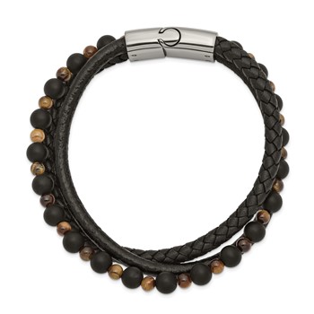 Chisel Stainless Steel Polished Multi Strand Tiger's Eye and Black Agate Beaded Black Leather 8.25 inch Bracelet — alternate view