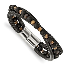 Stainless Steel Polished Multi Strand Tiger's Eye and Black Agate Beaded Black Leather 8.25