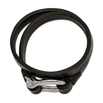 Chisel Stainless Steel Polished Shackle Textured Black Leather 16 inch Wrap Bracelet — alternate view