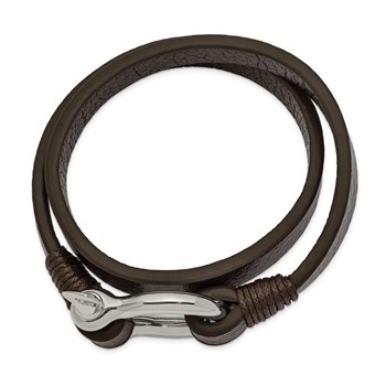 Chisel Stainless Steel Polished Shackle Brown Leather 16 inch Wrap Bracelet — alternate view