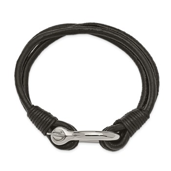 Chisel Stainless Steel Polished Shackle Multi Strand Black Leather 8.5 inch Bracelet — alternate view