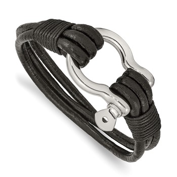 Chisel Stainless Steel Polished Shackle Multi Strand Black Leather 8.5 inch Bracelet