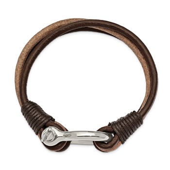 Chisel Stainless Steel Polished Shackle Multi Strand Dark Brown and Tan Leather 8.25 inch Bracelet — alternate view